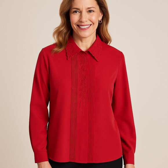 Laura Scott Red Blouse SZ 10 Embroidered Pleated Chic Sunday Best Valentine's - Picture 5 of 5